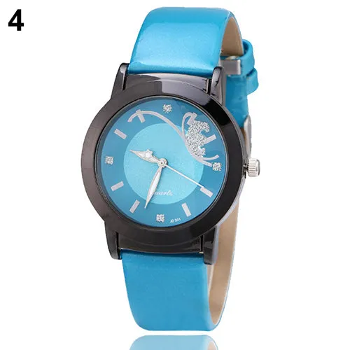 Fashion Women Lady Faux Leather Butterfly Rhinestone Dial Dress Wrist Watch