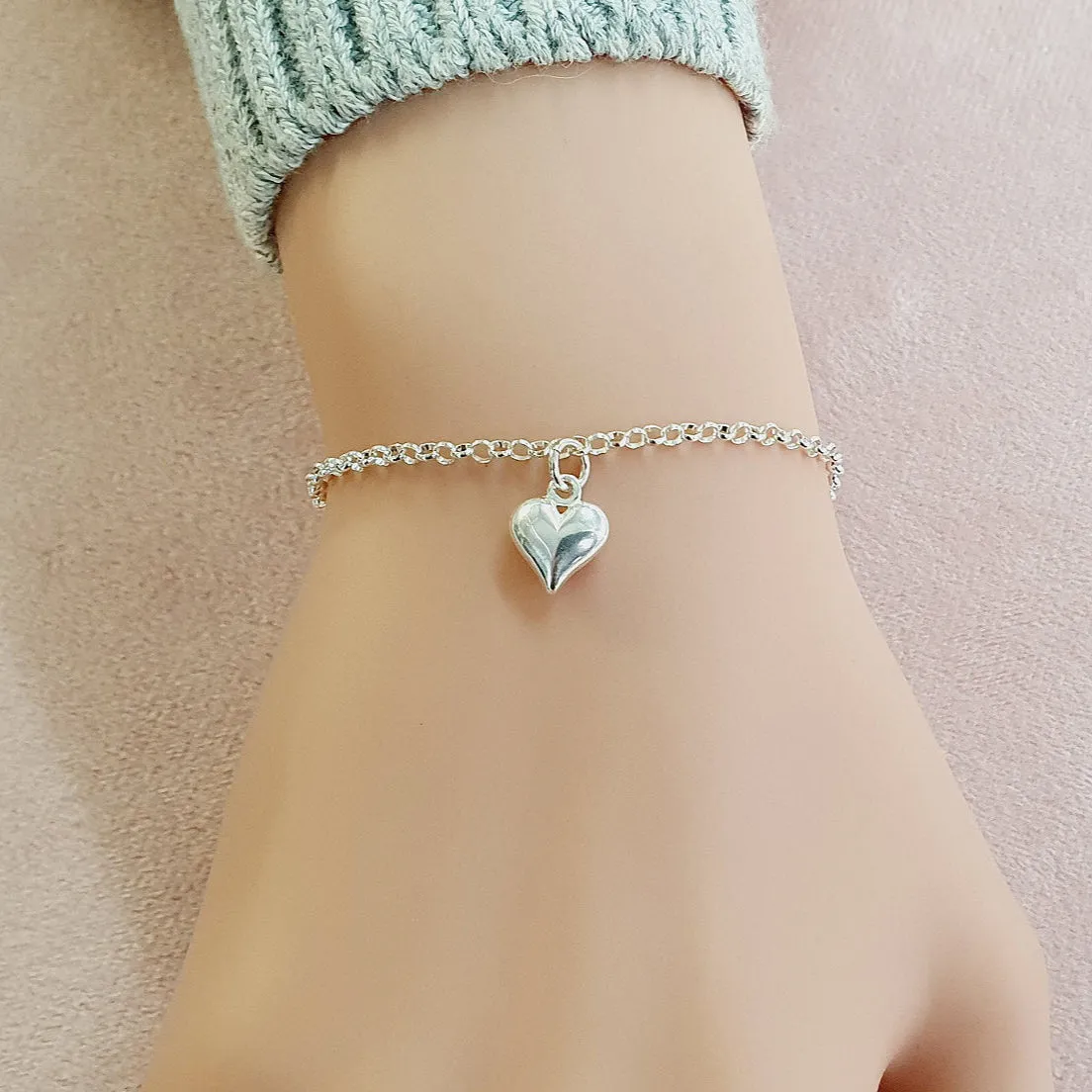Flower Girl Gift Puffy Heart Bracelet in Sterling Silver 925, Personalised Jewellery Gift