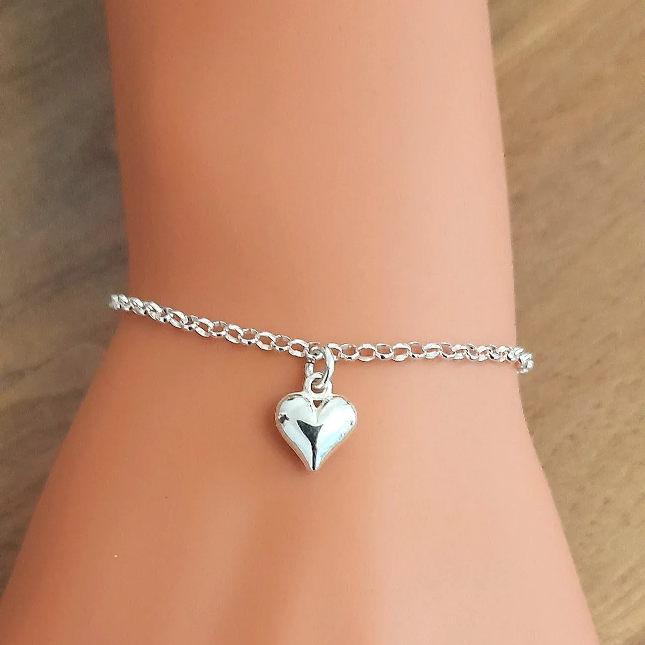 Flower Girl Gift Puffy Heart Bracelet in Sterling Silver 925, Personalised Jewellery Gift