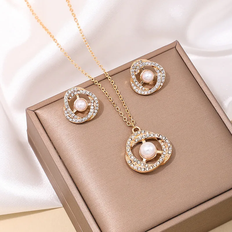 French Elegance Pearl Pendant Jewelry Set with Zircon Metal Ring - Vienna Verve Collection
