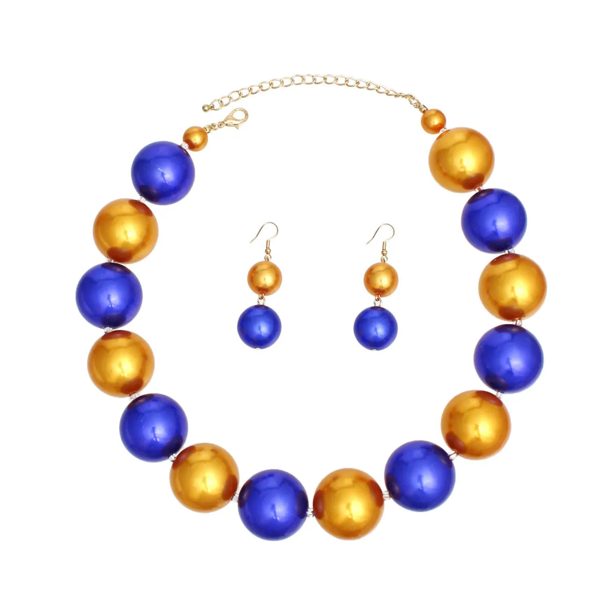Gold and Blue Jumbo Pearl Bead Necklace with Matching Earrings