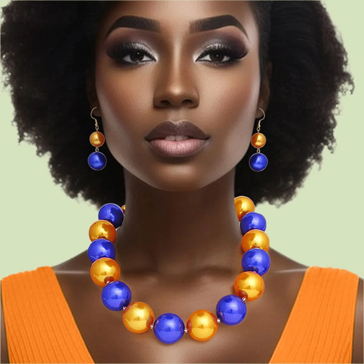 Gold and Blue Jumbo Pearl Bead Necklace with Matching Earrings