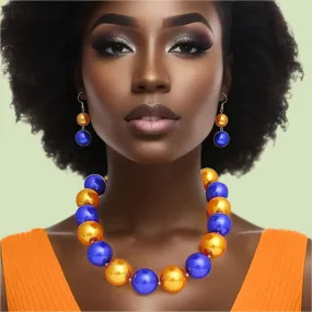 Gold and Blue Jumbo Pearl Bead Necklace with Matching Earrings