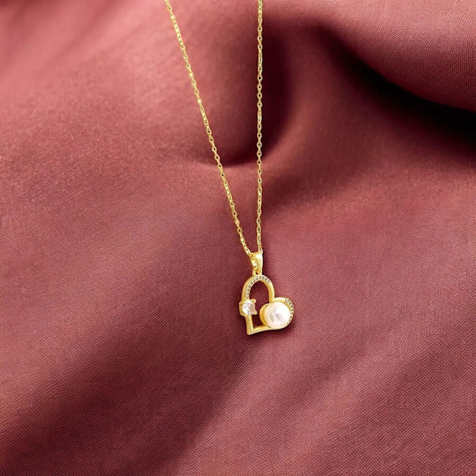 Gold Heart Necklace with Pearl & Crystal