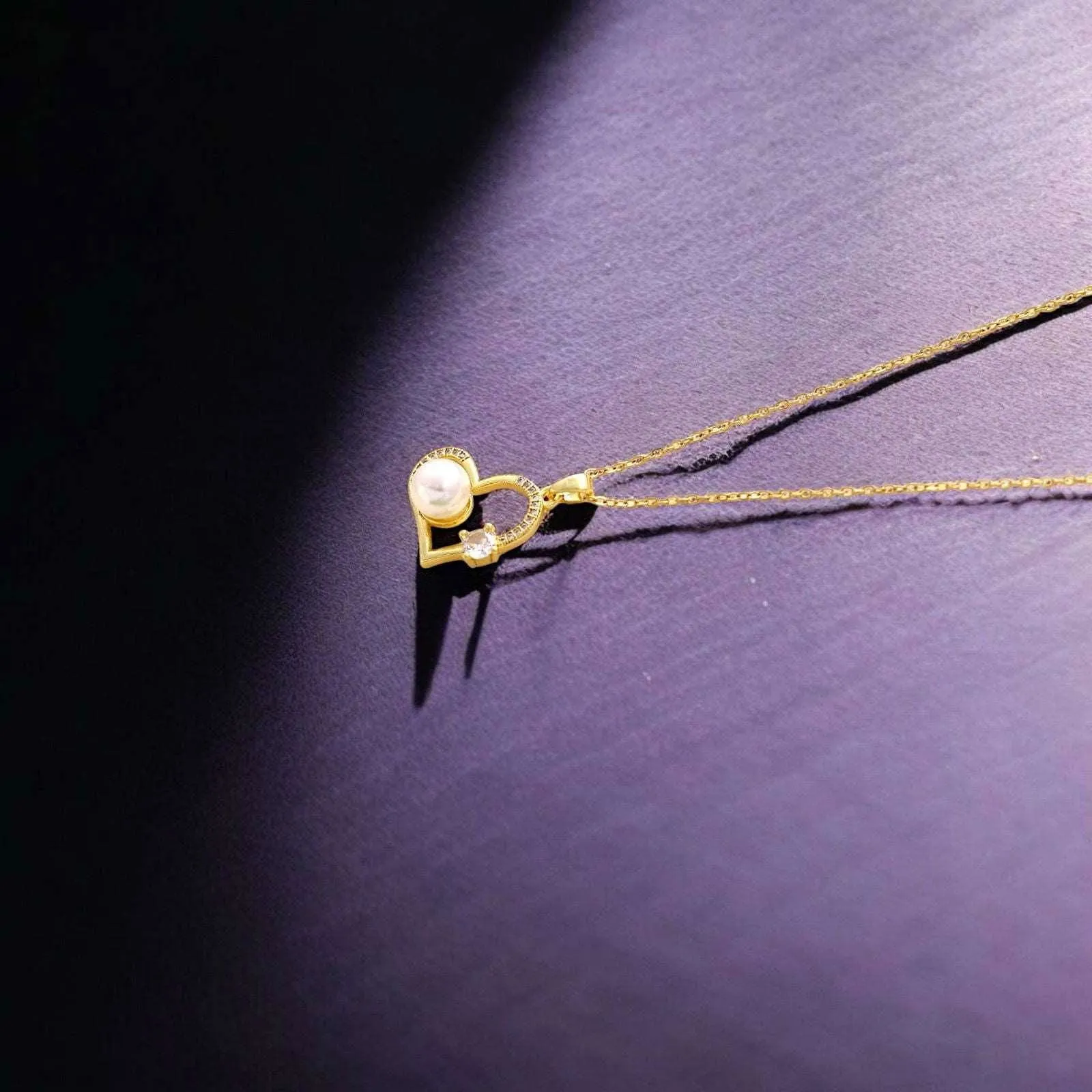 Gold Heart Necklace with Pearl & Crystal