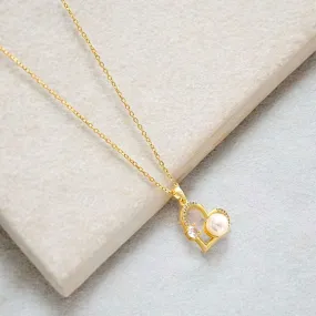Gold Heart Necklace with Pearl & Crystal