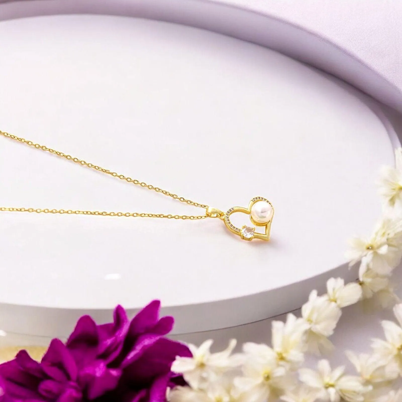 Gold Heart Necklace with Pearl & Crystal