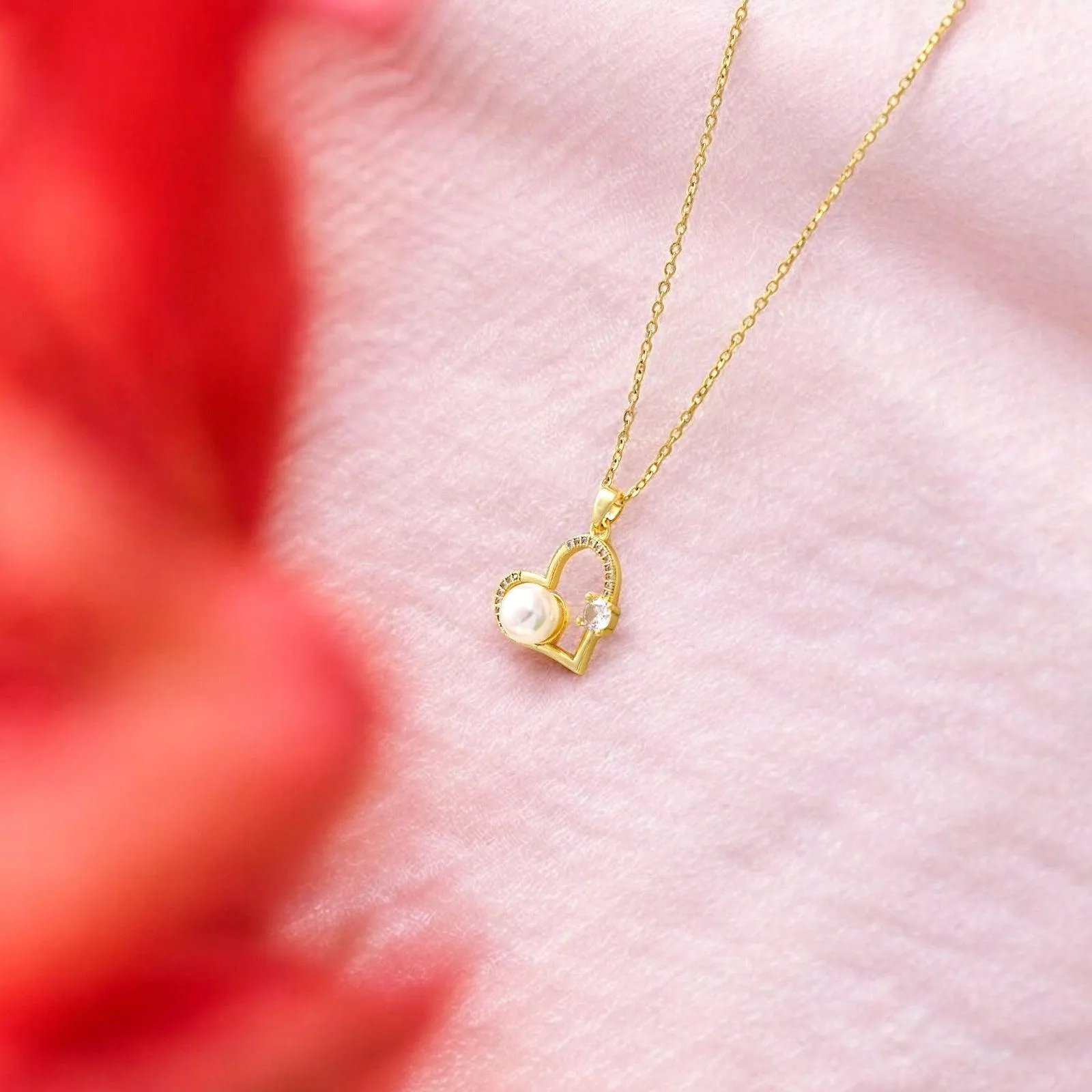 Gold Heart Necklace with Pearl & Crystal
