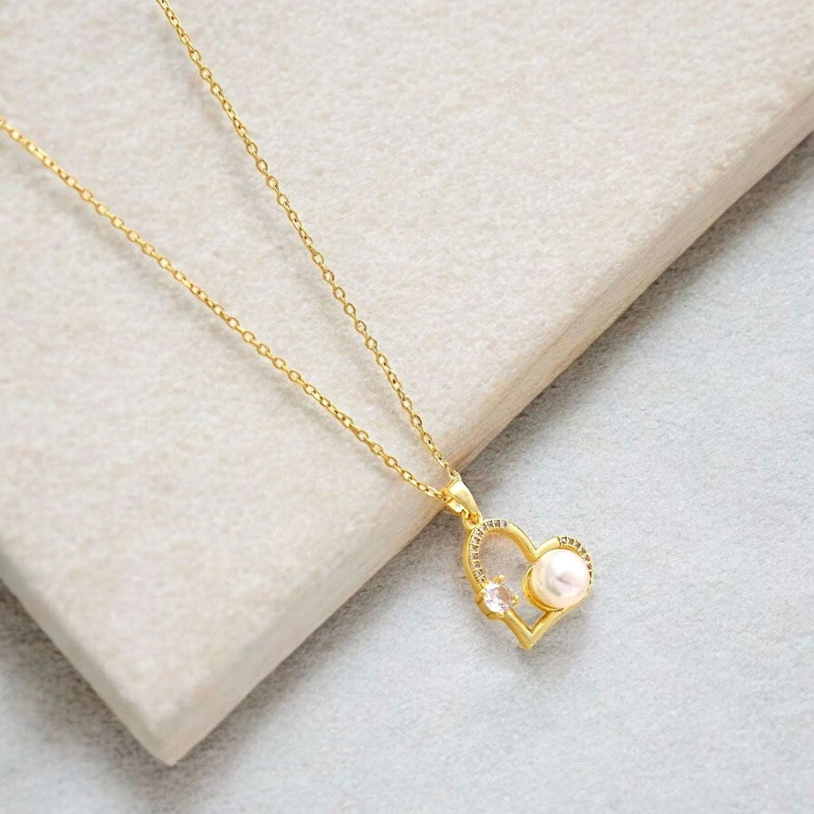 Gold Heart Necklace with Pearl & Crystal