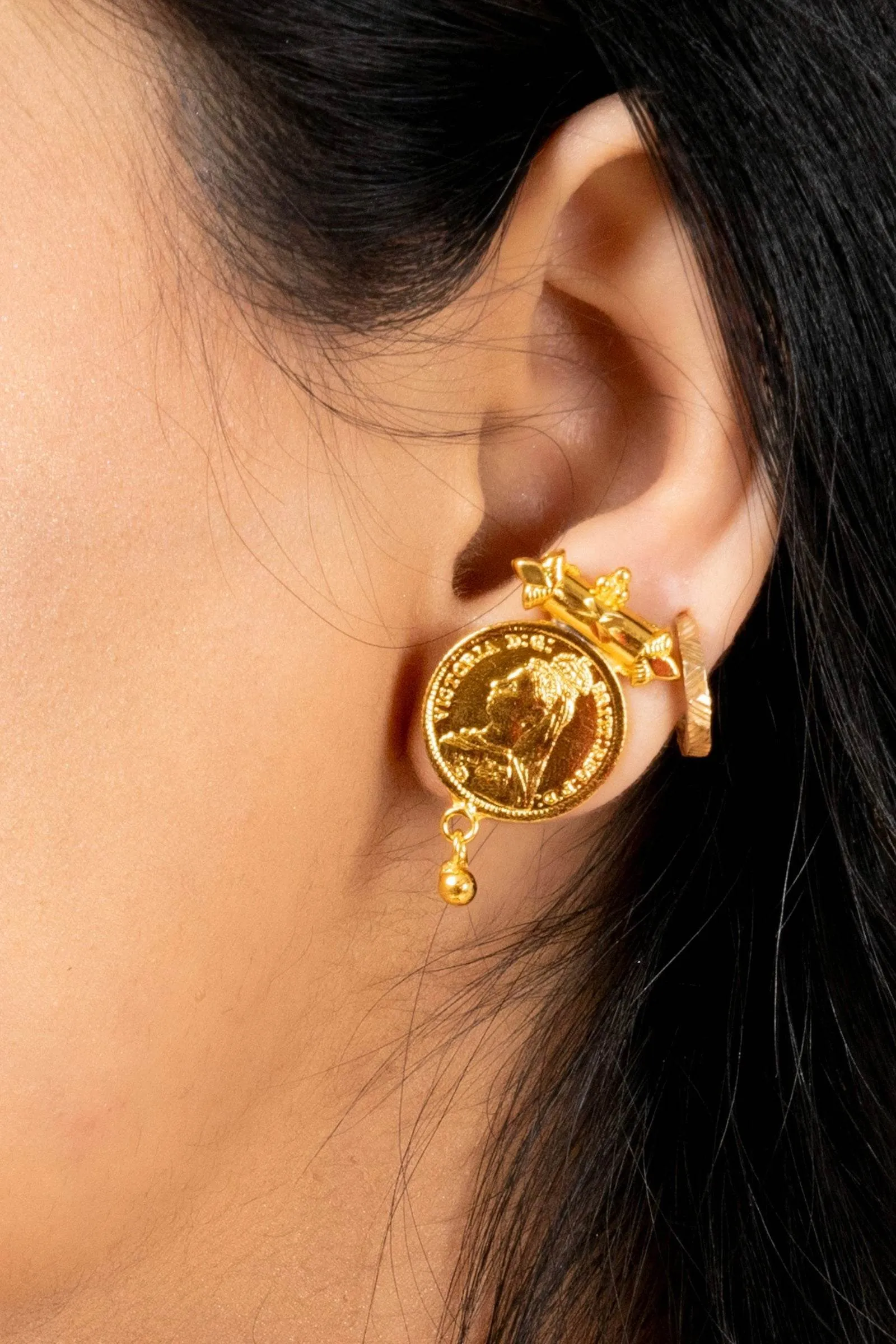 Gold Plated Victorian Double Coin Mangalsutra Necklace with Red Tassel and Coin Stud Earrings Jewelry Set