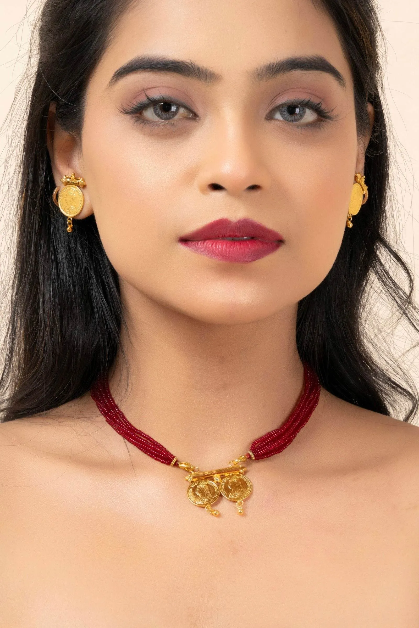 Gold Plated Victorian Double Coin Mangalsutra Necklace with Red Tassel and Coin Stud Earrings Jewelry Set