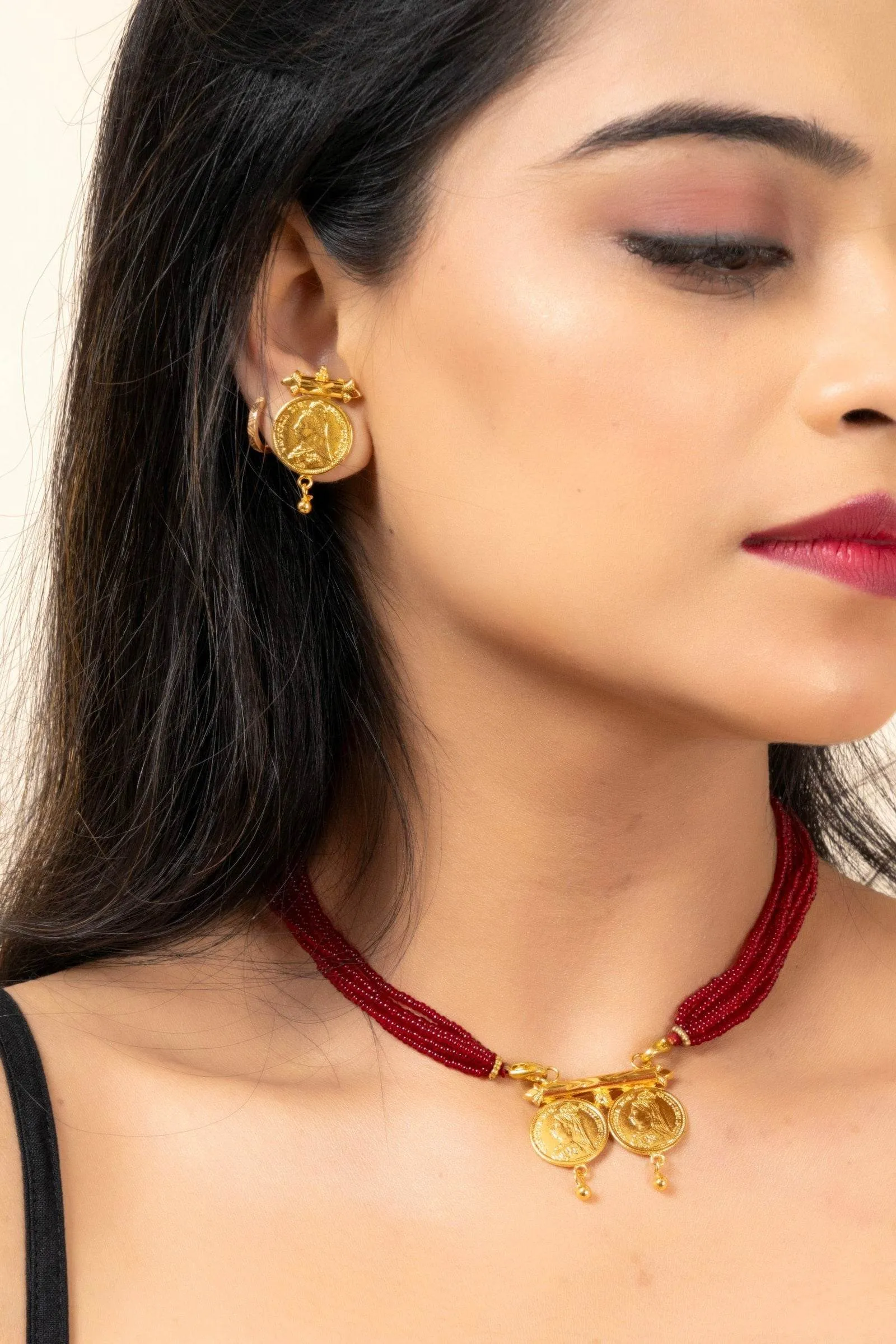 Gold Plated Victorian Double Coin Mangalsutra Necklace with Red Tassel and Coin Stud Earrings Jewelry Set
