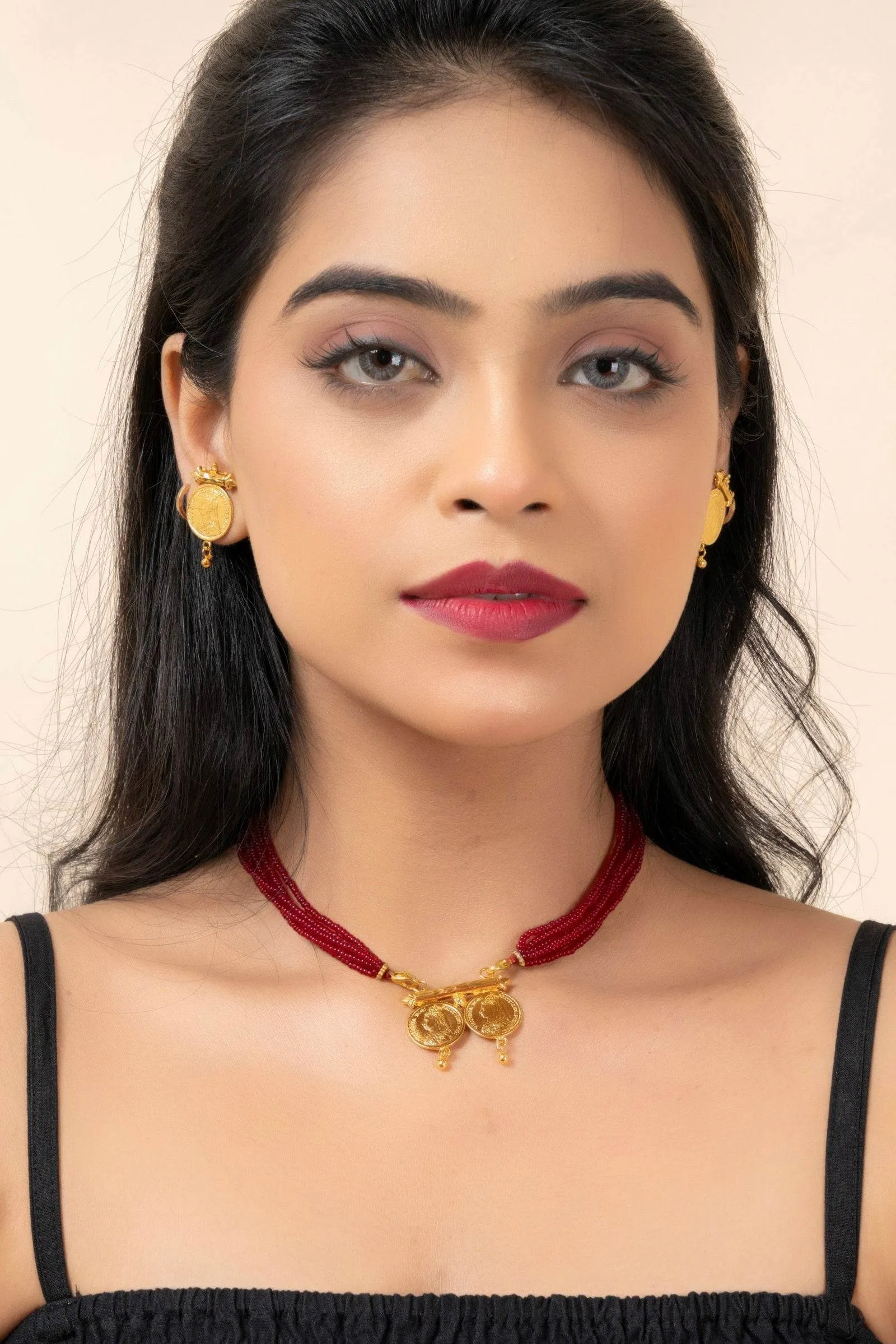 Gold Plated Victorian Double Coin Mangalsutra Necklace with Red Tassel and Coin Stud Earrings Jewelry Set