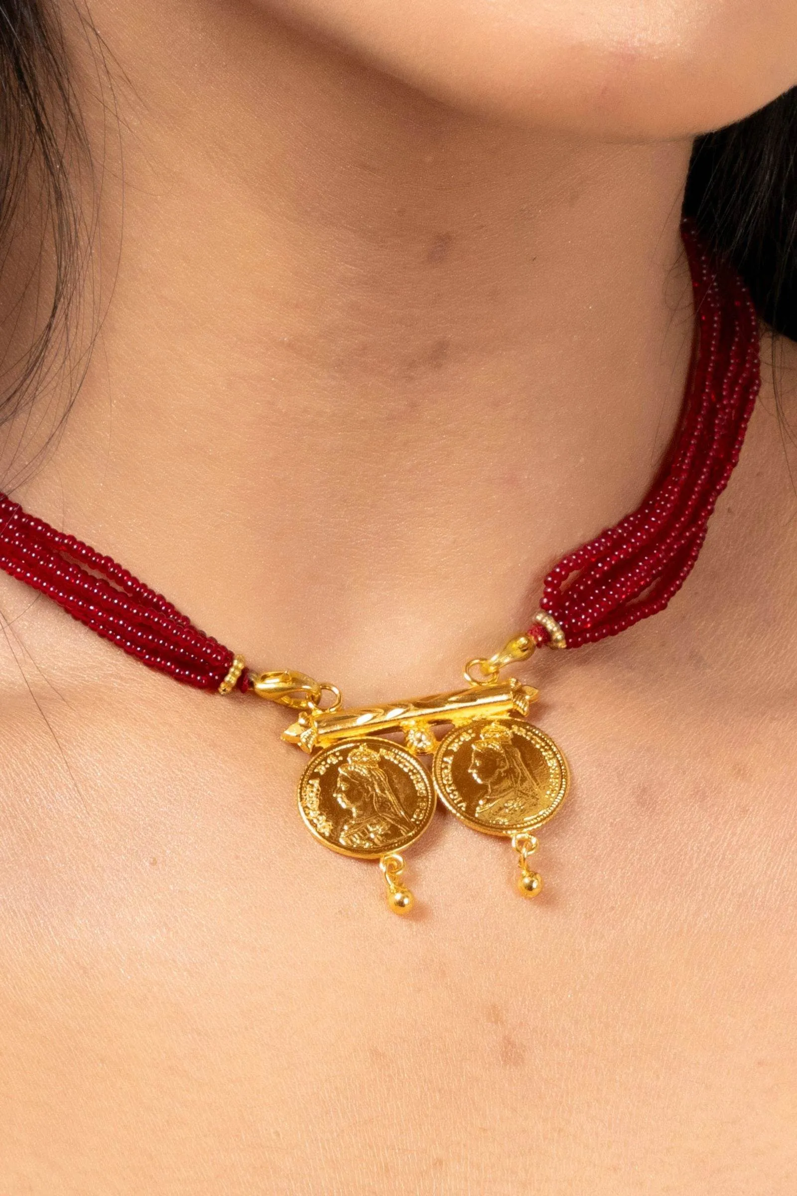 Gold Plated Victorian Double Coin Mangalsutra Necklace with Red Tassel and Coin Stud Earrings Jewelry Set