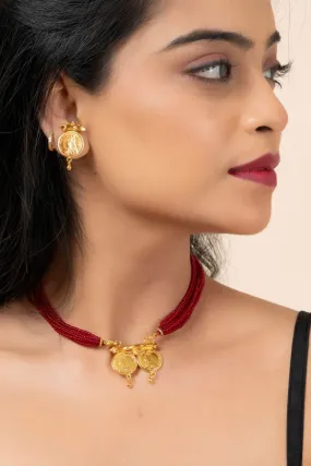 Gold Plated Victorian Double Coin Mangalsutra Necklace with Red Tassel and Coin Stud Earrings Jewelry Set