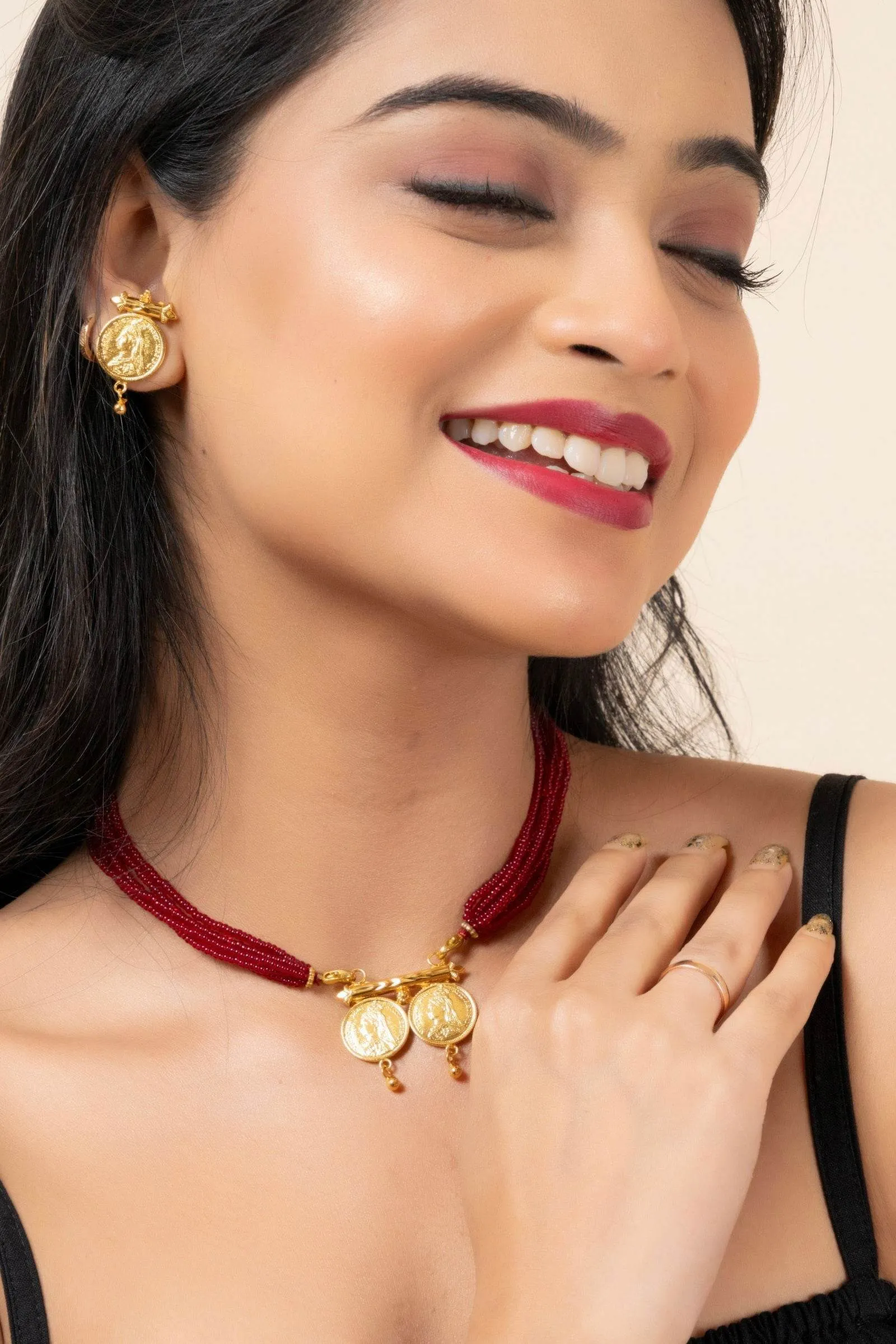 Gold Plated Victorian Double Coin Mangalsutra Necklace with Red Tassel and Coin Stud Earrings Jewelry Set