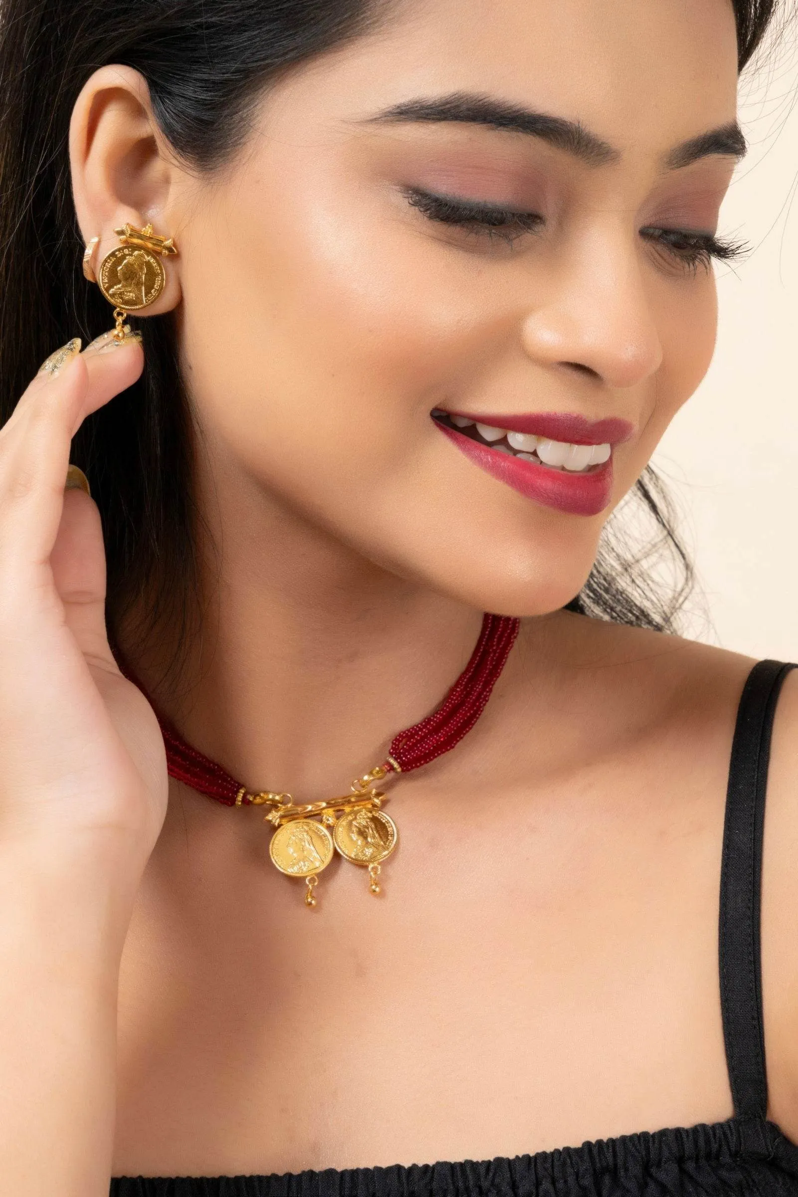 Gold Plated Victorian Double Coin Mangalsutra Necklace with Red Tassel and Coin Stud Earrings Jewelry Set