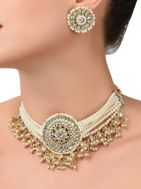 Gold Tone Kundan & MultiStrand Pearls Choker Necklace & Earring Set For Women