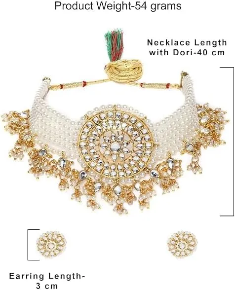 Gold Tone Kundan & MultiStrand Pearls Choker Necklace & Earring Set For Women