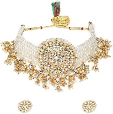 Gold Tone Kundan & MultiStrand Pearls Choker Necklace & Earring Set For Women