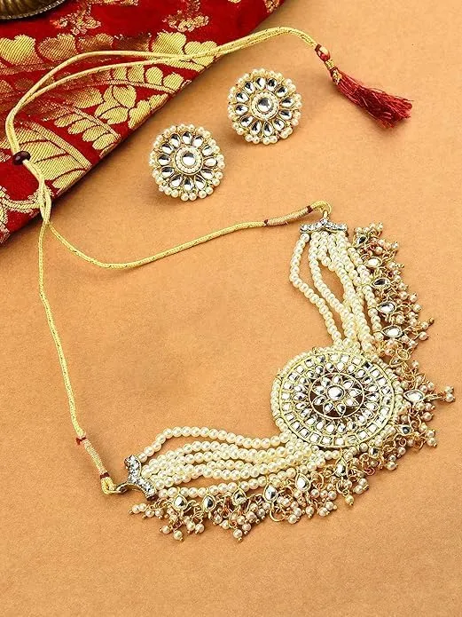 Gold Tone Kundan & MultiStrand Pearls Choker Necklace & Earring Set For Women