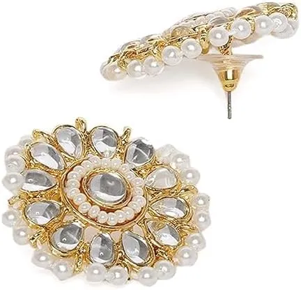 Gold Tone Kundan & MultiStrand Pearls Choker Necklace & Earring Set For Women