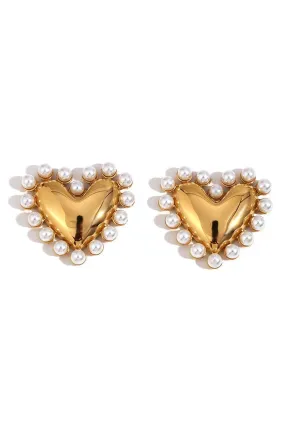Gold Vintage Pearl Chunky Heart Stud Earrings