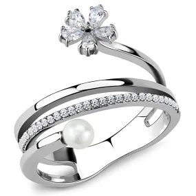 High polished (no plating) Stainless Steel Ring with Synthetic Pearl in White for Women Style DA059