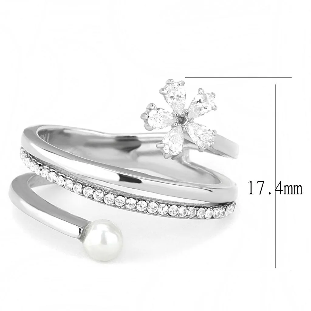 High polished (no plating) Stainless Steel Ring with Synthetic Pearl in White for Women Style DA059