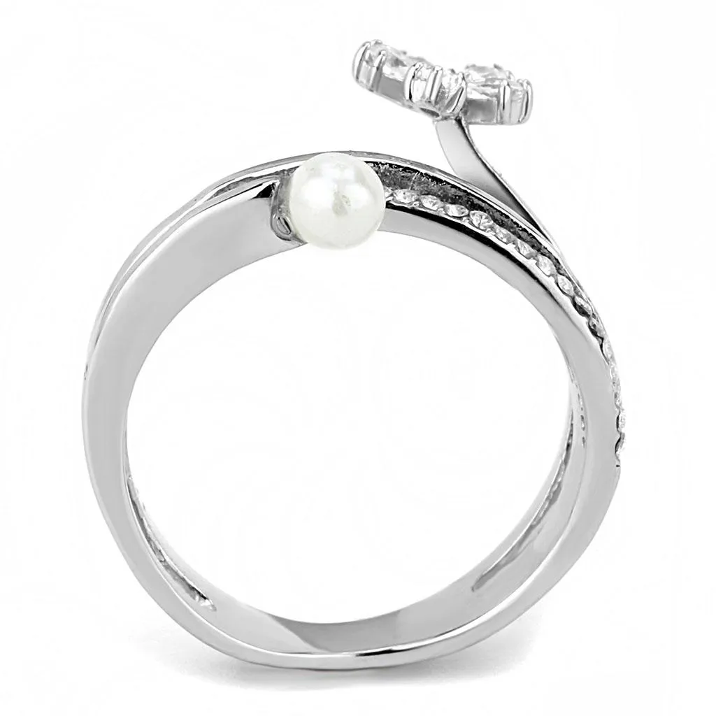 High polished (no plating) Stainless Steel Ring with Synthetic Pearl in White for Women Style DA059