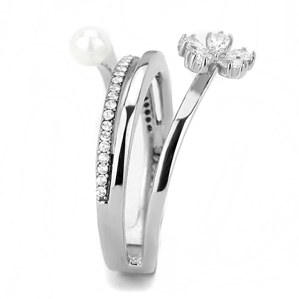 High polished (no plating) Stainless Steel Ring with Synthetic Pearl in White for Women Style DA059