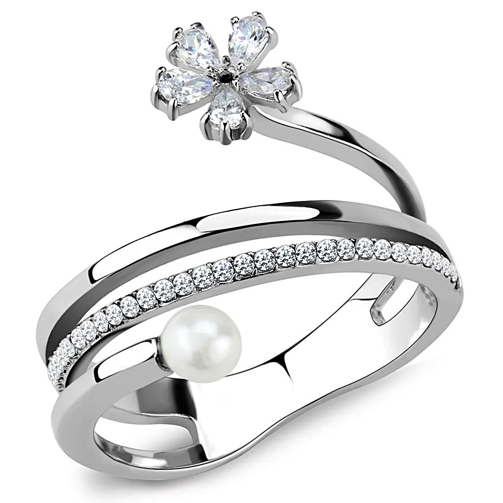High polished (no plating) Stainless Steel Ring with Synthetic Pearl in White for Women Style DA059
