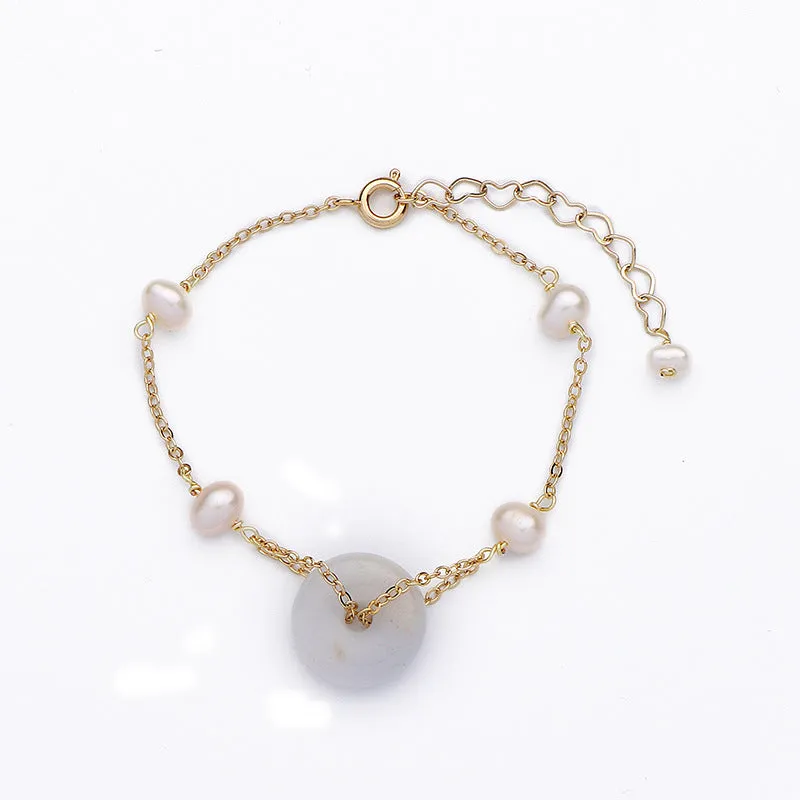 Jade and Pearl Sterling Silver Bracelet with Safety Buckle