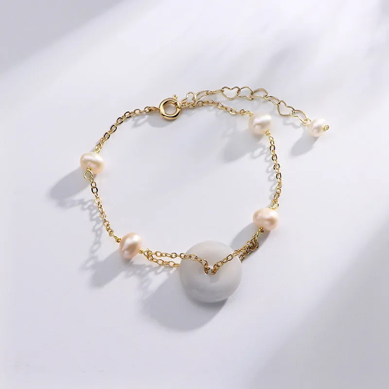 Jade and Pearl Sterling Silver Bracelet with Safety Buckle
