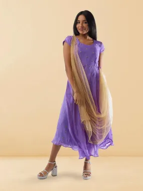 Lavender Banarasi Georgette Dress with Gold Net Duppatta | Indo Western Dress