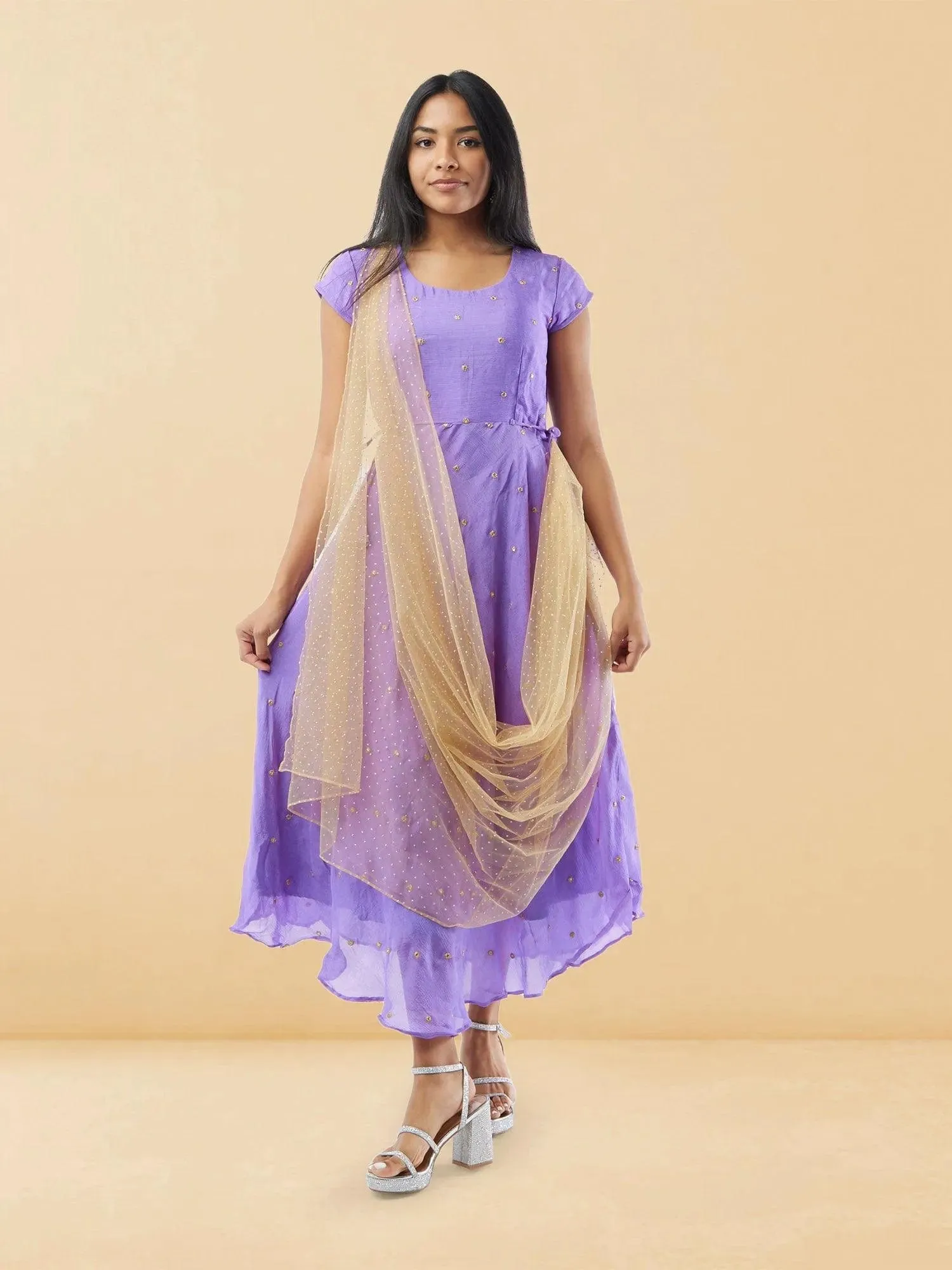 Lavender Banarasi Georgette Dress with Gold Net Duppatta | Indo Western Dress