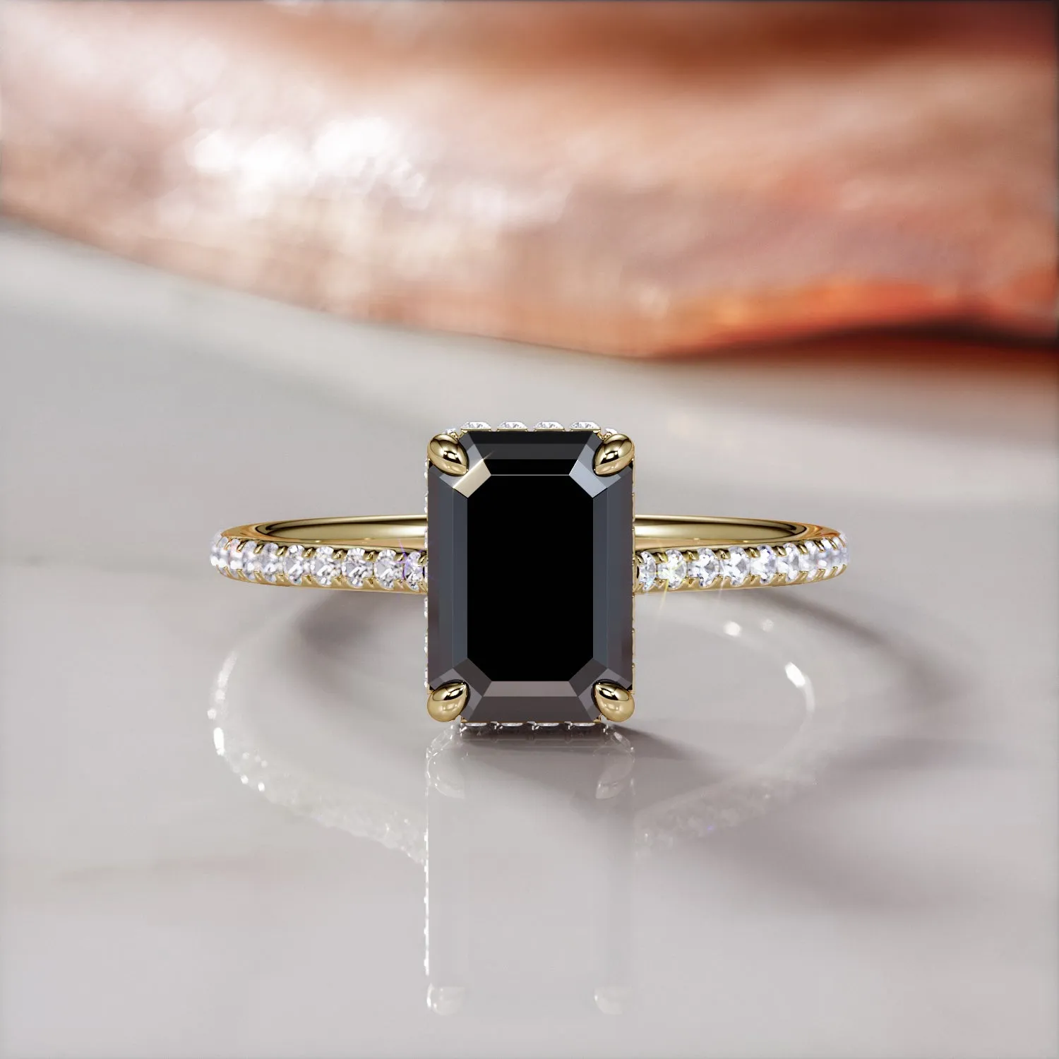 Lunar Cascade - Art Deco  Natural Black Diamond Emerald Cut Engagement Ring