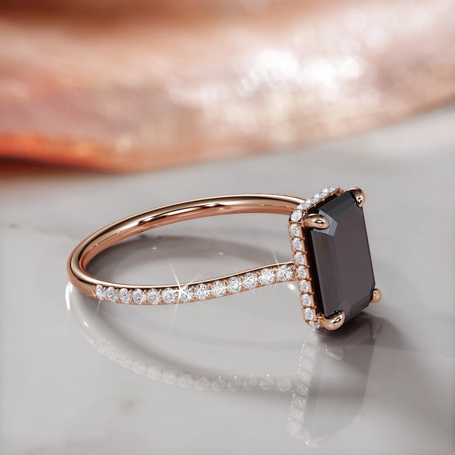 Lunar Cascade - Art Deco  Natural Black Diamond Emerald Cut Engagement Ring