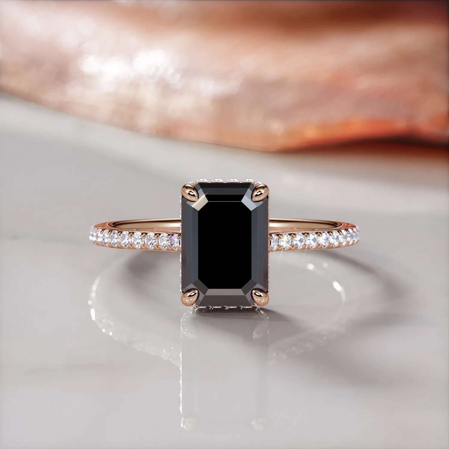 Lunar Cascade - Art Deco  Natural Black Diamond Emerald Cut Engagement Ring
