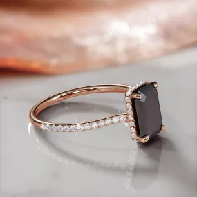 Lunar Cascade - Art Deco  Natural Black Diamond Emerald Cut Engagement Ring