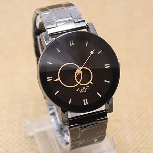 Men's Fashion Black Alloy Band Round Dial Quartz Wrist Watch Student Gift
