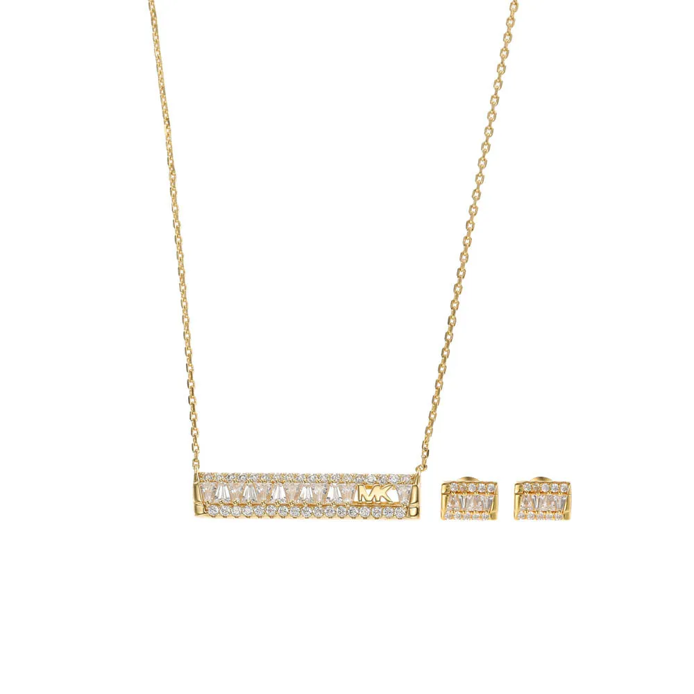 Michael Kors 14ct Yellow Gold Plated Sterling Silver Tapered Baguette Bar Earring & Pendant Chain Set