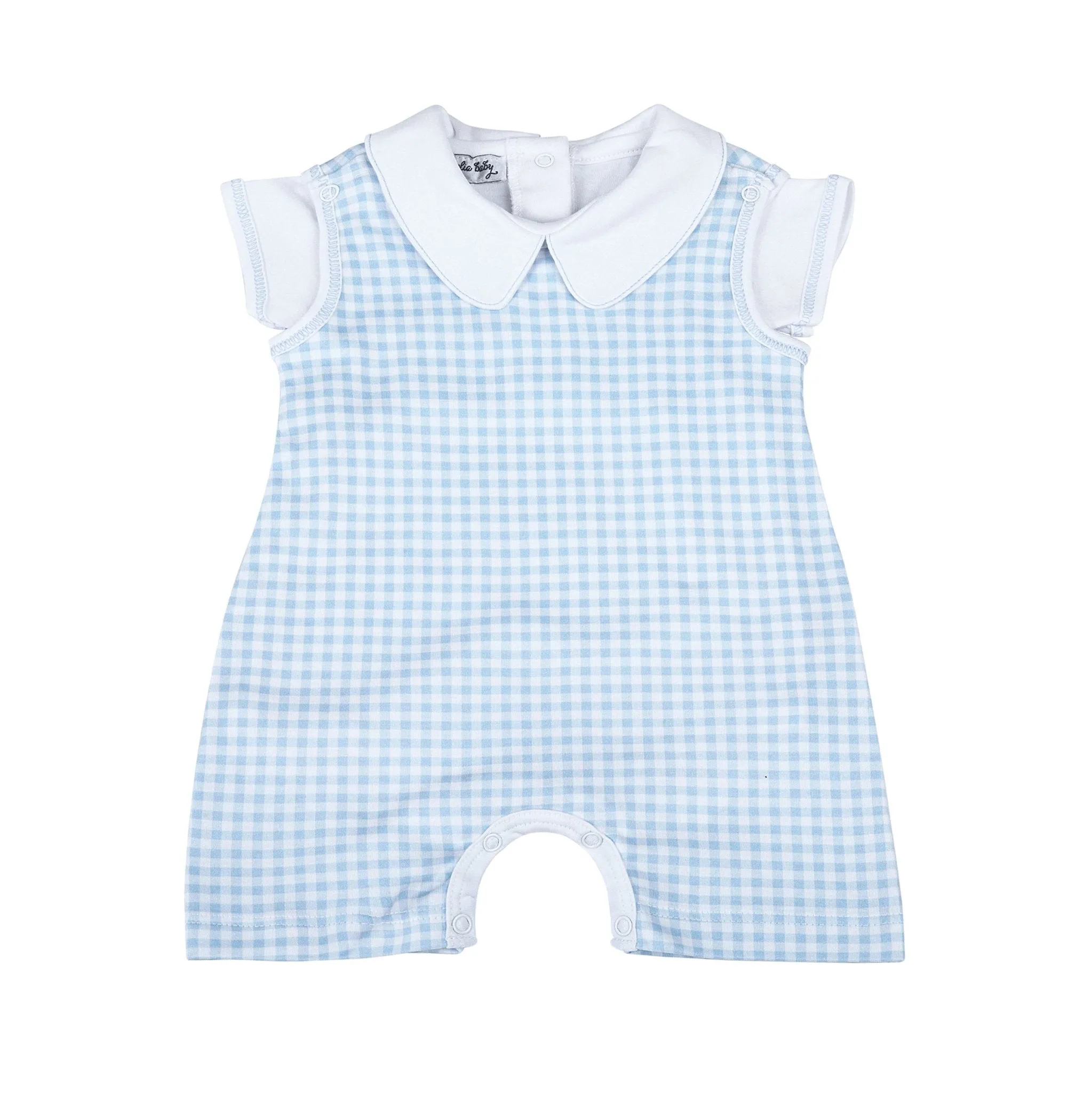 Mini Checks Set Short Playsuit and Collared Short Sleeve Bodysuit - Blue