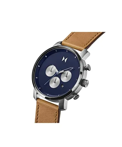 MVMT Chrono Men's Manta Blue Stainless Steel Case Watch with Brown Leather Strap, 45MM (Model: 28000288)