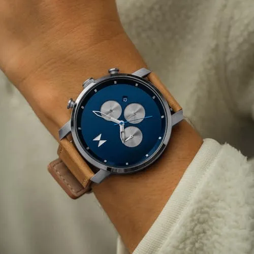 MVMT Chrono Men's Manta Blue Stainless Steel Case Watch with Brown Leather Strap, 45MM (Model: 28000288)