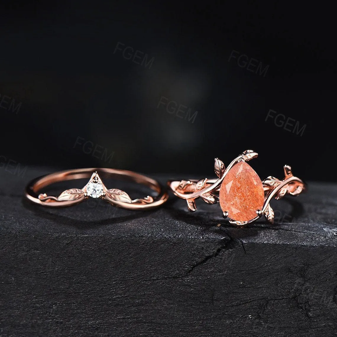 Natural Pear Shaped Sunstone Engagement Ring Leaf Branch Solitaire Sunstone Ring Set Alternative Wedding Ring Unique Orange Gemstone Ring