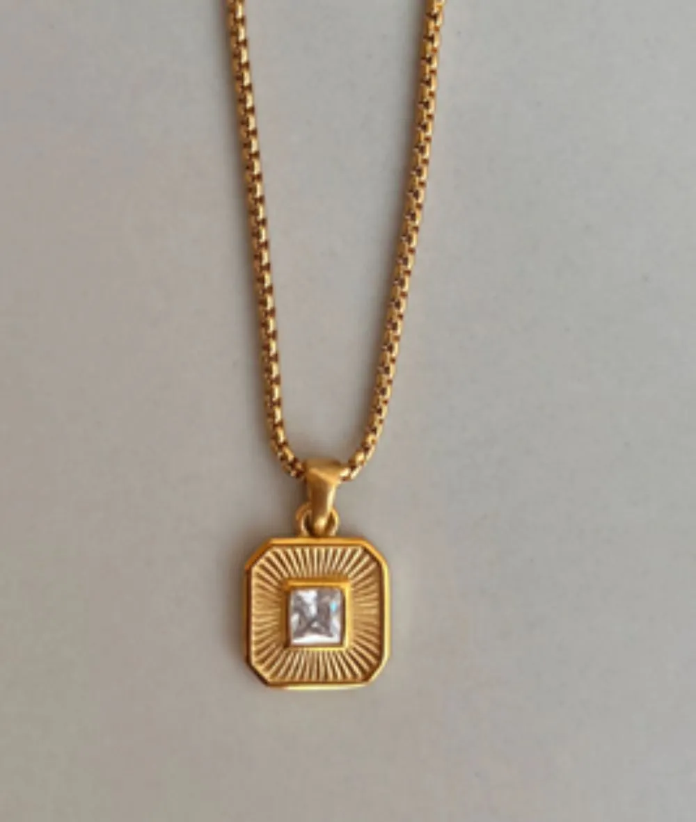 Nude Rose Stainless Steel 18K Gold/P Wht Zircon Square Pendant Necklace #N-117