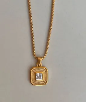 Nude Rose Stainless Steel 18K Gold/P Wht Zircon Square Pendant Necklace #N-117