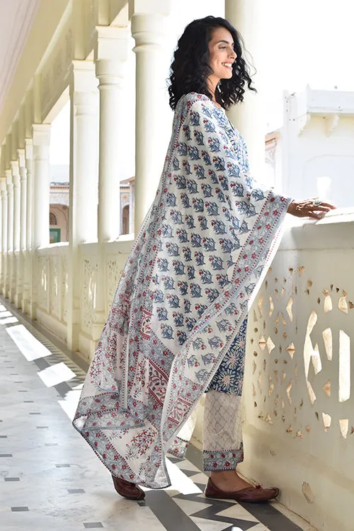 Okhai 'Silver Pearl' Pure Cotton Hand Block Printed Kurta Pant Dupatta Set