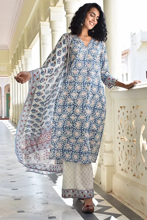 Okhai 'Silver Pearl' Pure Cotton Hand Block Printed Kurta Pant Dupatta Set